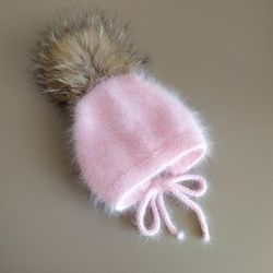 Angora baby hat Pompom pink bonnet girl, Newborn girl hand knitted hat, Fluffy hat for kids, Winter hat,  Baby knitwear