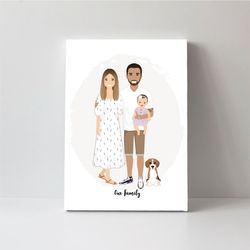 Custom Family Portrait with pet, Christmas illustration, First gift for mother day
