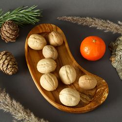 decorative wooden plate. hand carved wood serving tray. multi-use coffee table decor tray for nuts, candies and snacks.