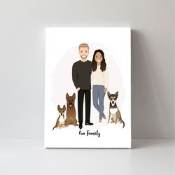 Custom Family Portrait with pet, Christmas gift, Digital illustration
