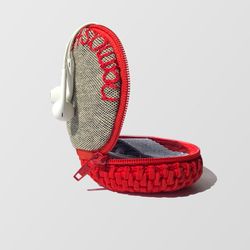 crochet round coin purse, earphone cord holder, keychain, red cable organizer with namaste embroidery, charger pouch
