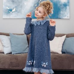 Knit wool dress for baby girls with a collar & embroidery flowers Warm winter Baptist dress with long sleeves for kids
