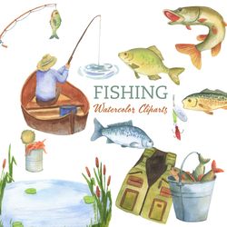Fishing Watercolor Clipart River Fish Png Fisherman in boat with  fishing rod