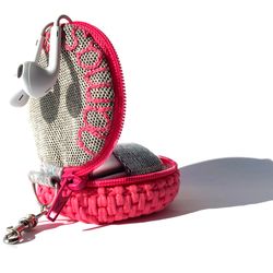 crochet round coin purse, earphone cord holder, keychain, pink cable organizer with namaste embroidery, charger pouch