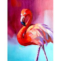 Flamingo Painting Bird Original Art Animal Artwork Impasto Oil Painting Small 6 by 8 inches