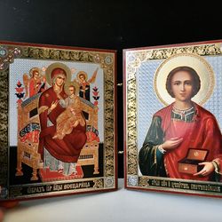 Virgin Mary Queen of All / St Panteleimon the Healer, Diptych Orthodox Icon 23 x 14 cm when open