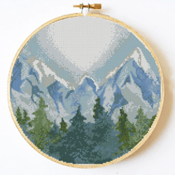 Mountains cross stitch pattern, Forest cross stitch pattern modern, nature embroidery needlecraft pattern, Scenery cross