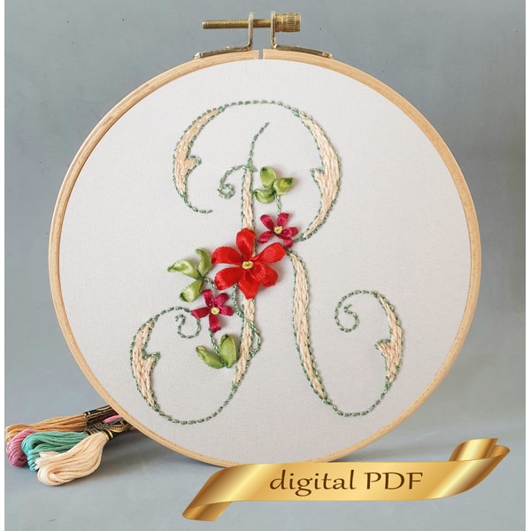 Floral alphabet letter R pdf hand embroidery beginner Flower - Inspire ...