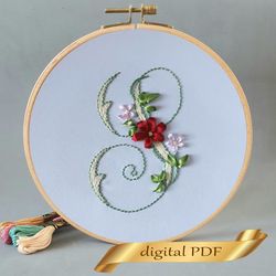 Floral letter S pdf hand embroidery beginner Flower monogram alphabet ribbon embroidery
