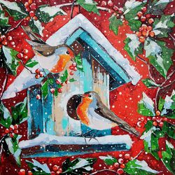 Robin Painting Bird Original Art Christmas Artwork Kids Room Wall Art 12 by 12 inch ARTbyAnnaSt