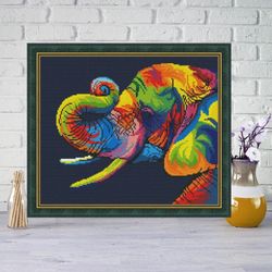 Modern cross stitch pattern rainbow elephant