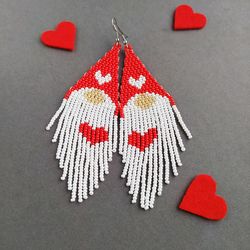 Valentine gnome earrings, Saint Valentine seed bead earrings, Valentines Day Heart Earrings