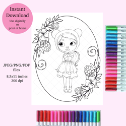 Wonderful blythe girl coloring page, digital download coloring page, adult coloring page, floral berries coloring sheet