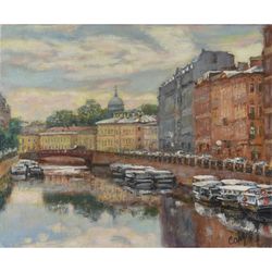 Petersburg Painting Cityscape Original Art Embankment City Impressionism Art