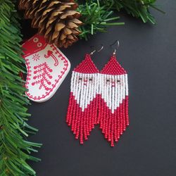 Santa Claus Earrings, Seed Bead Fringe, Christmas Earrings Beaded, Holiday Jewelry