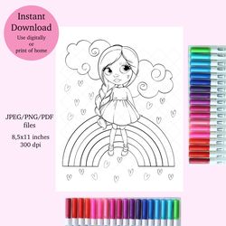 Unique rainbow doll coloring page, digital download coloring page, all ages coloring page, cute rainbow coloring sheet