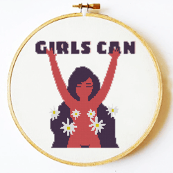 Feminist cross stitch pattern, Girls Can Cross Stitch Pattern Feminist Embroidery Needlecraft Easy Modern