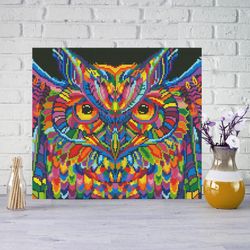 Owl bird cross stitch easy pattern, Animals cross stitch sampler owl decor, Embroidery modern, Rainbow cross stitch