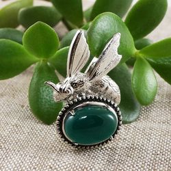 Green Agate Bee Brooch Pin Dark Green Stone Sea Green Gemstone Silver Bee Insect Brooch Pin Woman Jewelry Gift 7298