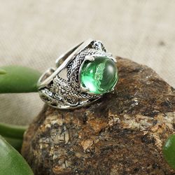 Emerald Green Glass Silver Snake Adjustable Ring Large Statement Boho Hippie Brutal Gothic Unisex Ring Jewelry Gift 6359