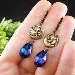 Sun Crescent Moon Earrings Brass Celestial Blue Lilac Lavender Purple Violet Swarovski Crystal Earrings Jewelry 7977