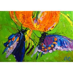 Butterfly Painting Lily Original Art Small Impasto Oil Painting Insect Artwork Flower Art  5 by 7" by  originalpainting