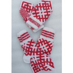 Children's knitted set woolen socks and handmade mittens with a pattern Hand knitted wool socks