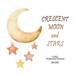 Watercolor moon PNG, Hand painted clip art, Crescent moon, Stars, Pastel clipart, Nursery graphics, Baby png files