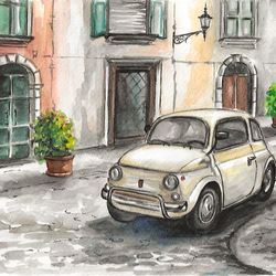 Car painting Watercolor painting Original painting Landscape Italy Cityscape