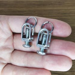 Grunge earrings men Cyberpunk earrings repurposed Tech geek earrings silver tone Mechanical earrings recycled