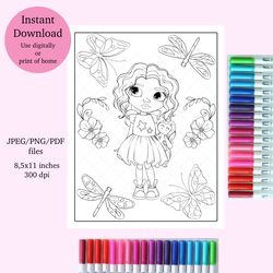 Gorgeous summer girl coloring page, digital download coloring page, adult coloring page, doll unicorn coloring sheet