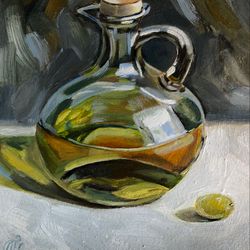 Olive oil still life kitchen painting modern wall art Original oil painting 6x6 inches