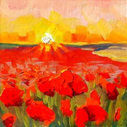Poppy Field Painting Landscape Original Art Flower Artwork Sunset Wall Art Impasto Oil Painting 8 by 8 inches