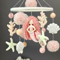 Felt hanmade mobile Baby mobile Mermaid Musical mobile crib Baby shower gift Nursery mobile girl Cot