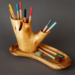 Set of pen holder and catch all tray for home office. Hand carved wood desk organizer. Work from home desk accessories.