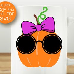 Pumpkin sunglasses and pink bow clipart Thanksgiving Halloween wall art Digital downloads files png pdf svg