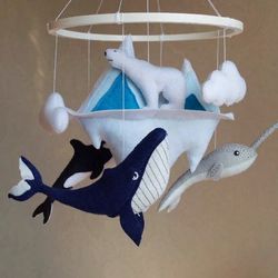 Whales mobile, narwhal and orca whale, crib toy for ocean nursery