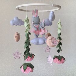 Floral mobile with birds on hanging cloud, Animal family from felt for baby girl bedroom decor