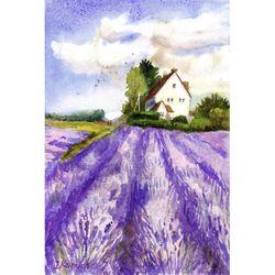 lavender fields in provence, french village. original watercolor painting 10,6x7''