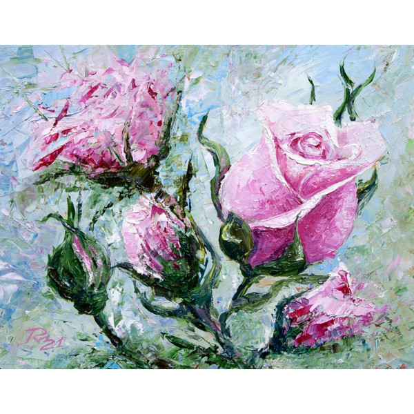 rose painting-rose painting-pink roses-oil painting on cardboard-1