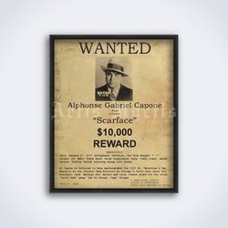 al capone scarface vintage wanted poster, mafia, gangster, crime printable art, print (digital download)