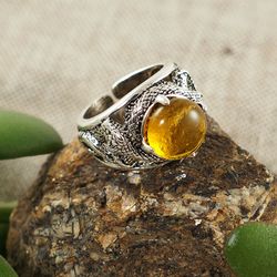Honey Yellow Glass Silver Snake Adjustable Ring Large Statement Boho Hippie Brutal Gothic Unisex Ring Jewelry Gift 6358