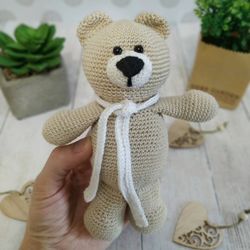 Stuffed little teddy bear, beige cotton toy, baby boy toys 1 year, baby shower gift, forest animal toy