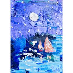 sailboat painting boat original art small oil painting seascape wall art ocean painting impasto art blue artwork seascap