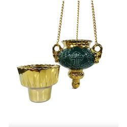 Hanging Vigil Oil Lamp with Chain and Gold Glass -  Green with cup - Handmade Porcelain from Russia
