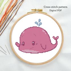 Pink Whale cross stitch pattern, Cute cross stitch pattern, Embroidery for baby, Instant download, Digital PDF