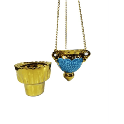 Grape Oil Lamp with Gold cup - Hanging Vigil Lamp with Chain and Gold Glass - Light Blue Ceramic Grape Oil Lamp -