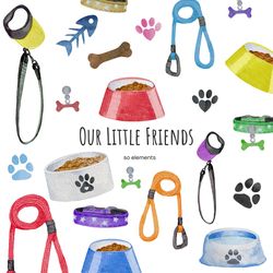 Watercolor dog accessories and pets supplies clipart