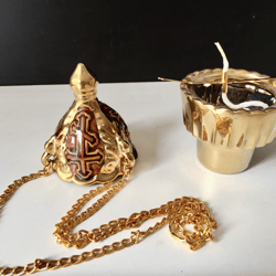Hanging Vigil Oil Lamp With Chain And Gold Glass - Haging Vigil Lamp Ceramic Brown With Cup - Handmade Porcelain Oil L