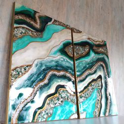 Emerald Green Resin Geode, Resin Painting| Crystal Wall Hanging Set of 2
